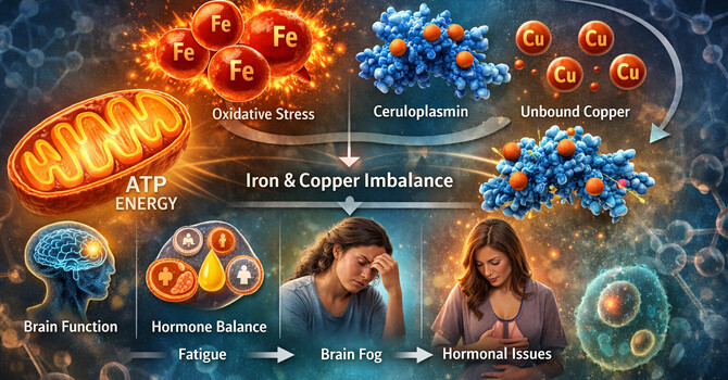 Mitochondrial Dysfunction, Iron Overload, Copper Imbalance, and Ceruloplasmin