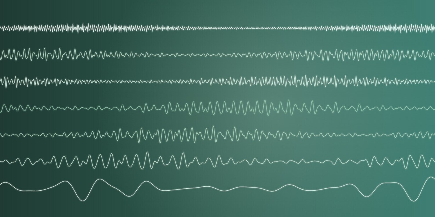 Glowing brain wave lines on a green background